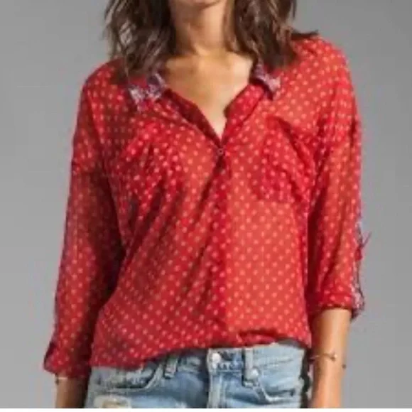 Free People Red Shirt Top M Sheer Button Front Long Sleeve Boho Preppy Slouchy - Picture 1 of 7